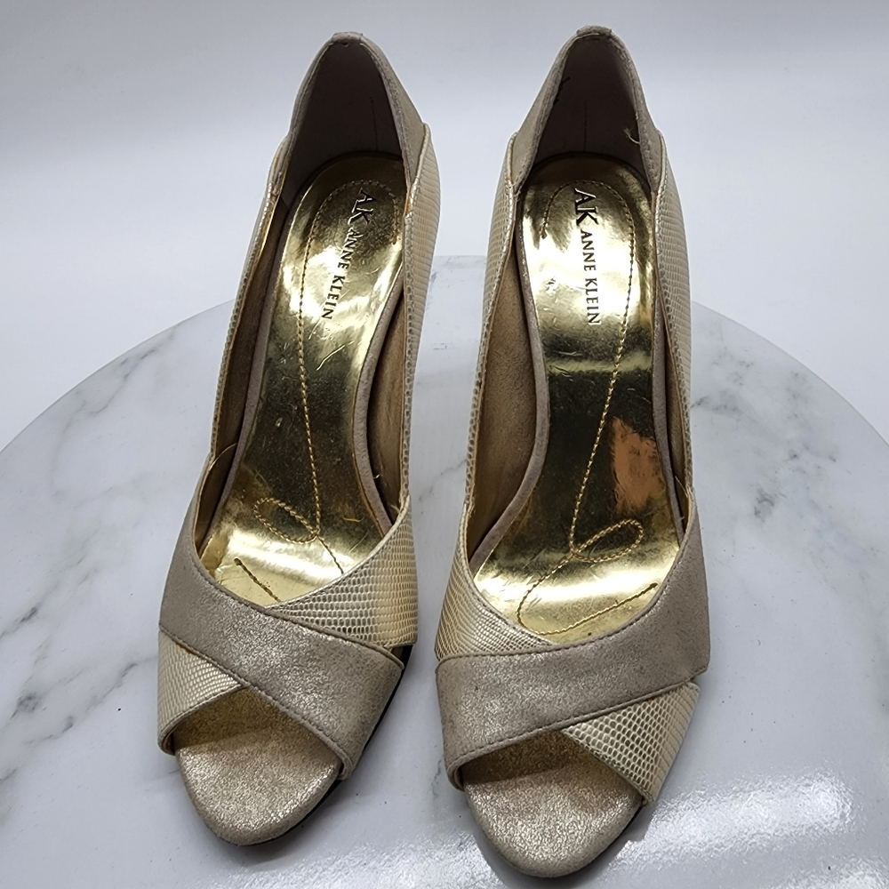 Aus 7 Anne Klein Gold Metallic Leather Open Toe Heels - Picture 16 of 16